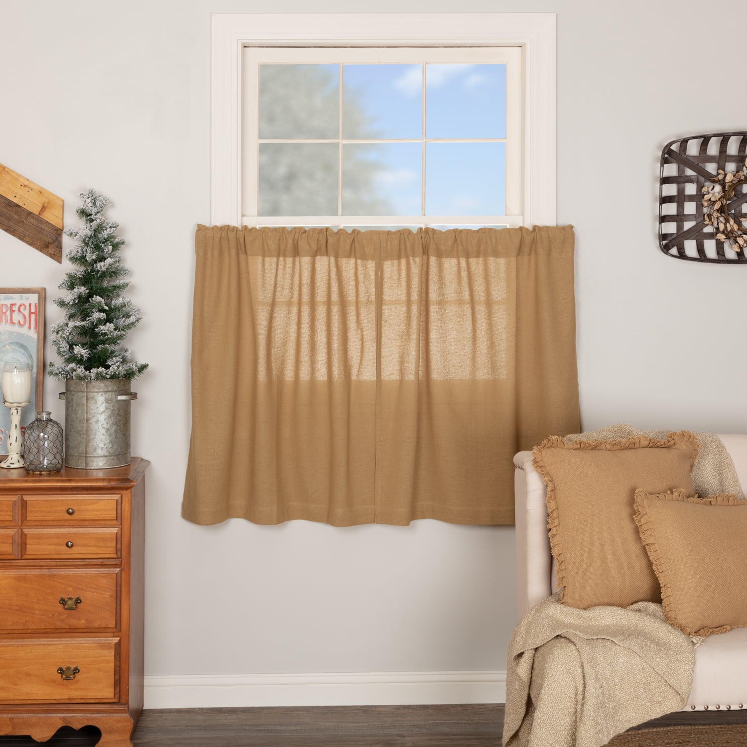 VHC Brands Burlap Chocolate Solid Color Cotton Farmhouse Kitchen Curtains Rod Pocket 36x36 Tier Pair, Natural Tan