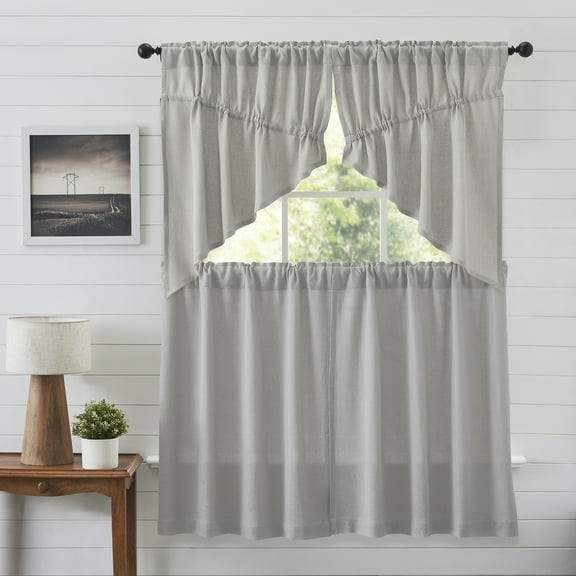 VHC Brands Burlap Dove Grey 4 PC Curtain Set (2 Prairie Swag 36x18 and 2 Tier 36x36)