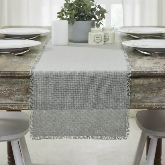 VHC Brands Burlap Dove Grey Runner Fringed 12x48