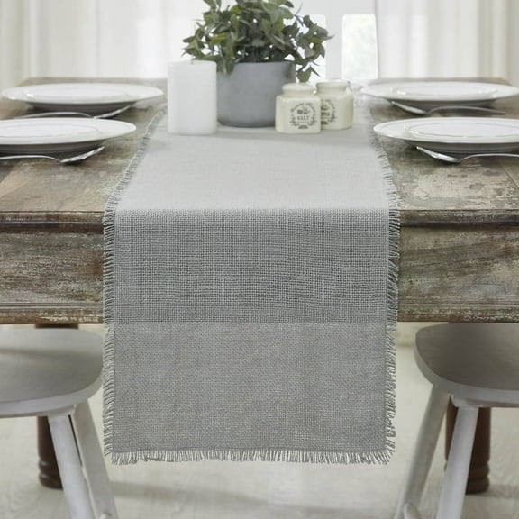 VHC Brands Burlap Dove Grey Runner Fringed 12x72