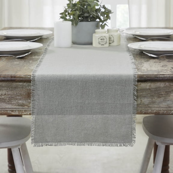 VHC Brands Burlap Dove Grey Runner Fringed 12x48