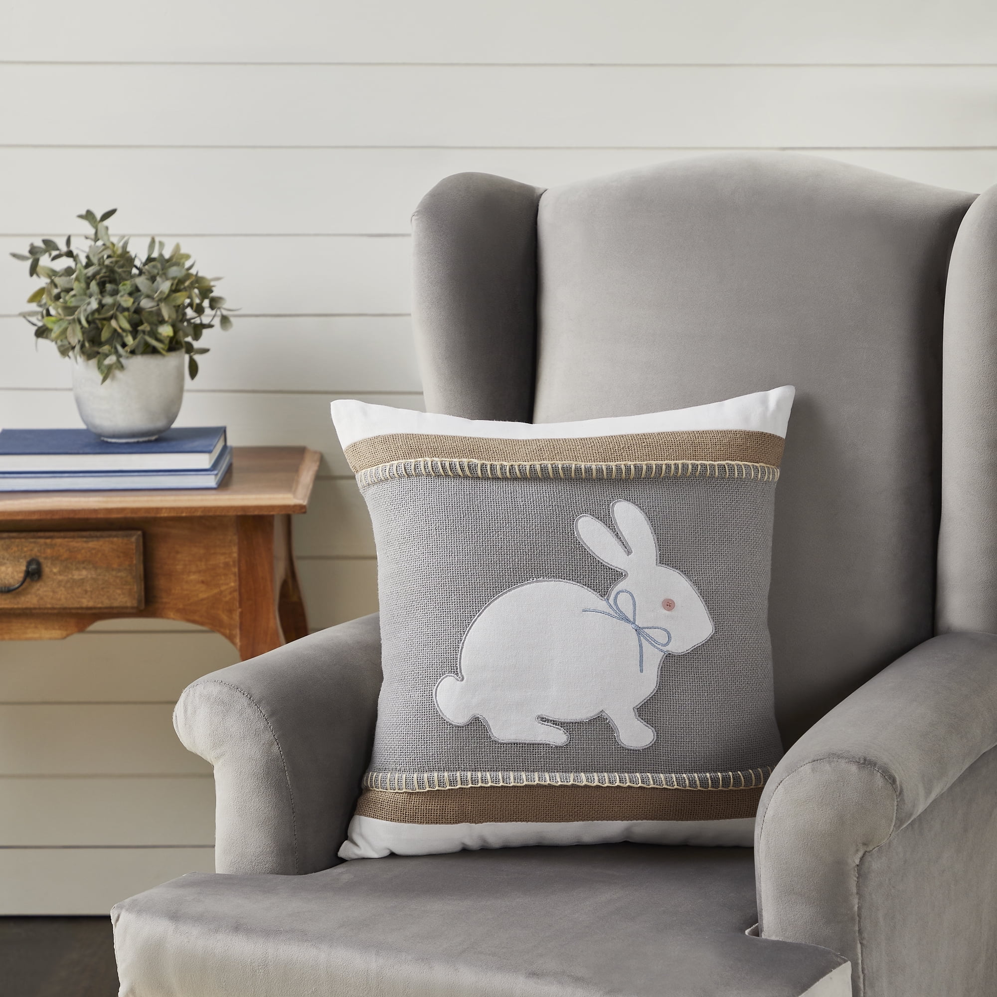 Embroidered Burlap Bunny Square Cotton Throw Pillow