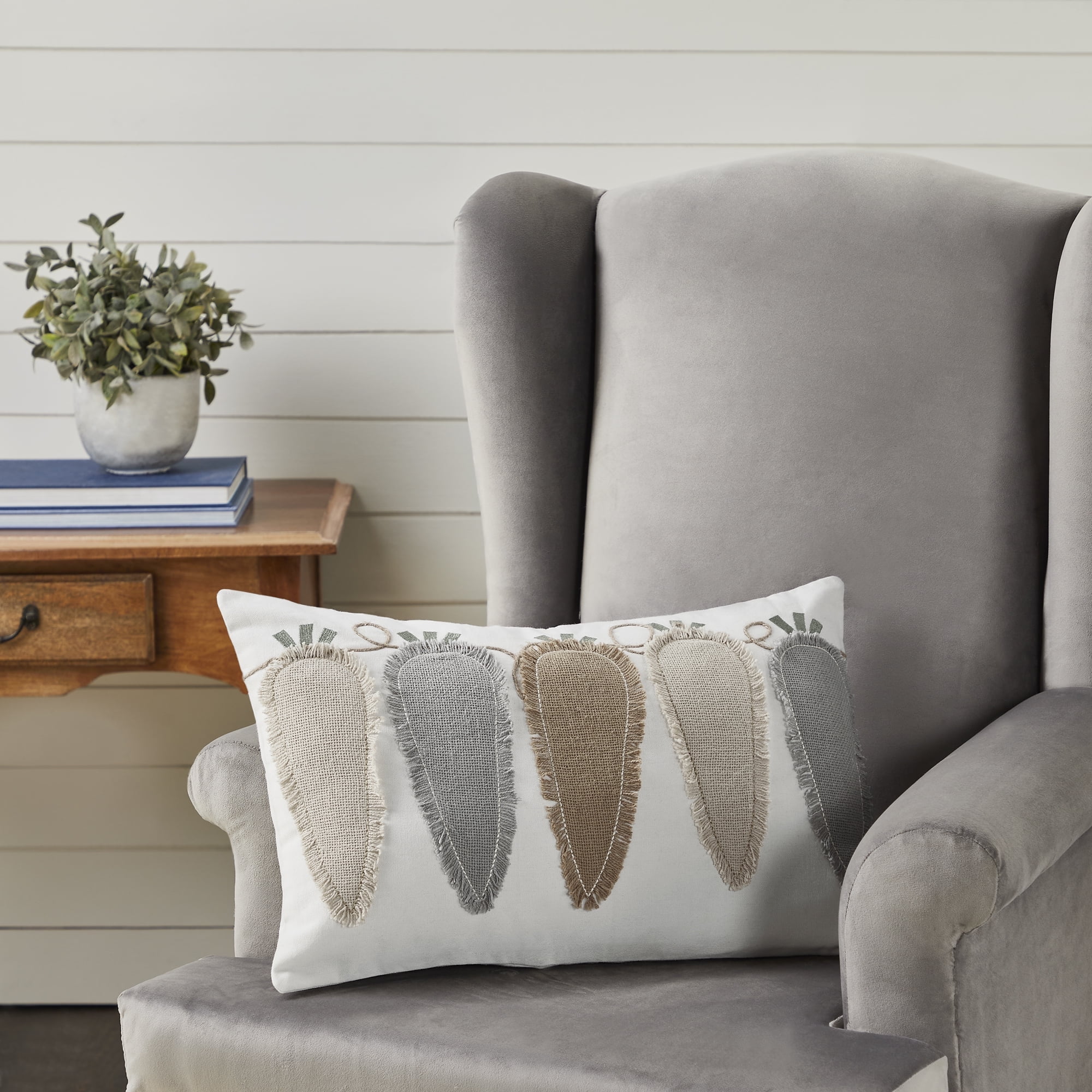Natural Creme Cotton Burlap Embroidered Rectangle Throw Pillow