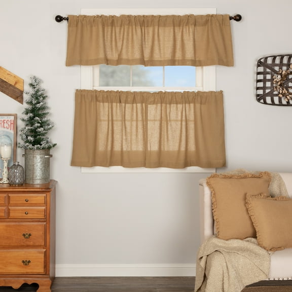 VHC Brands Burlap Natural 3 PC Curtain Set (1 Valance 16x72 and 2 Tier 24x36)