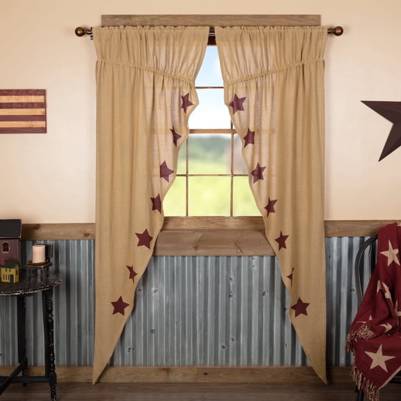VHC Brands Burlap Natural with Burgundy Stars Primitive 84"x36"x18" Prairie Panel Pair Tan Rod Pocket Stenciled Cotton Drawstring Ties Window Curtains