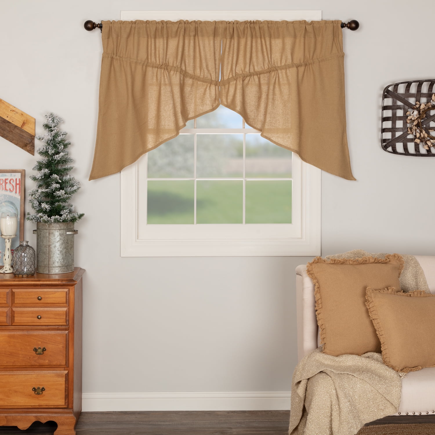 VHC Brands Burlap Natural Farmhouse Decor Country Kitchen Curtains Rod ...