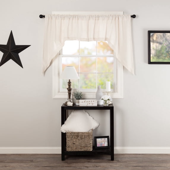 VHC Brands Burlap Antique White Farmhouse Kitchen Curtain Rod Solid Color Swag Pair- 2 Pieces, 36 x 36 inches