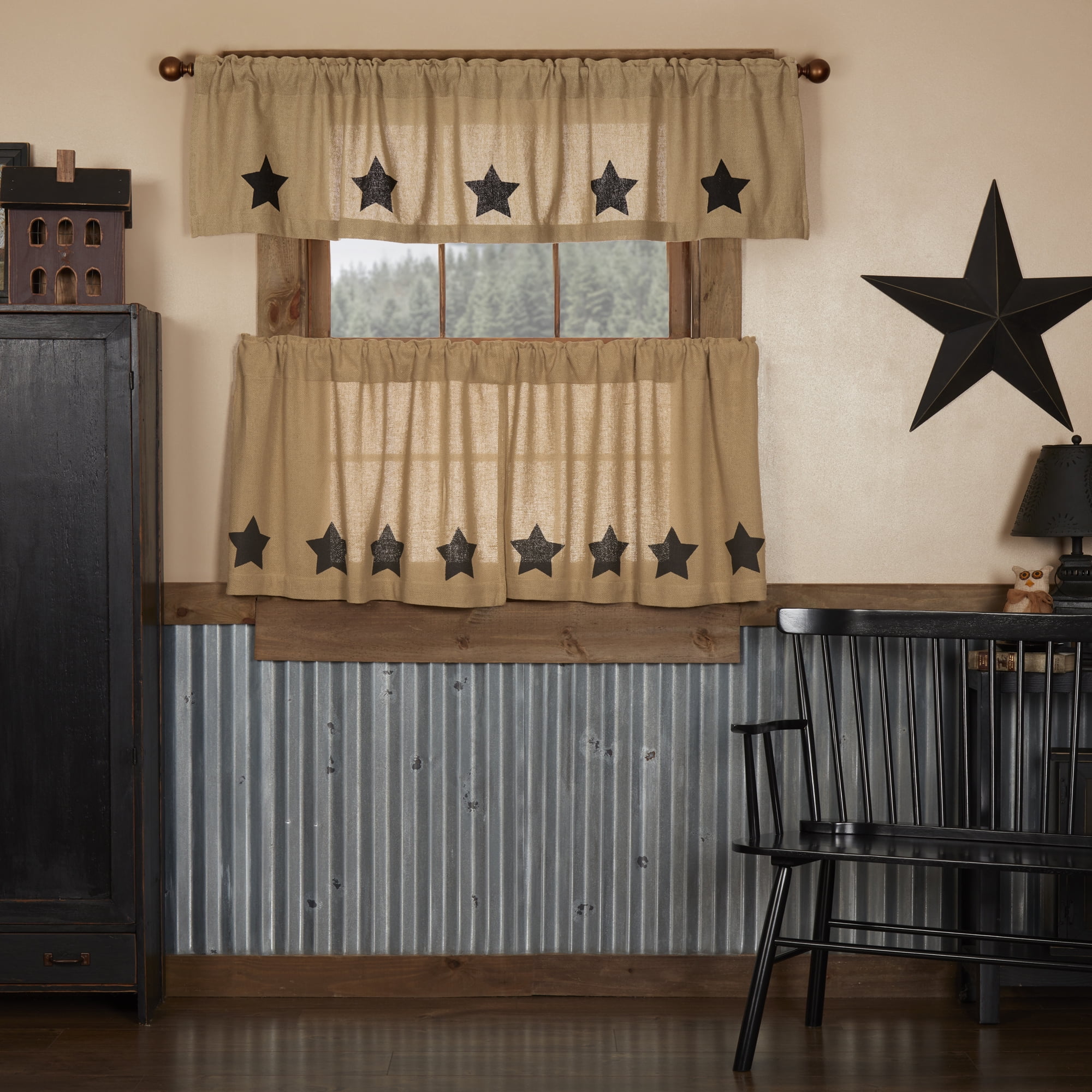 VHC Brands Stratton Burlap Applique Star Tier Curtain - Thumbnail 4