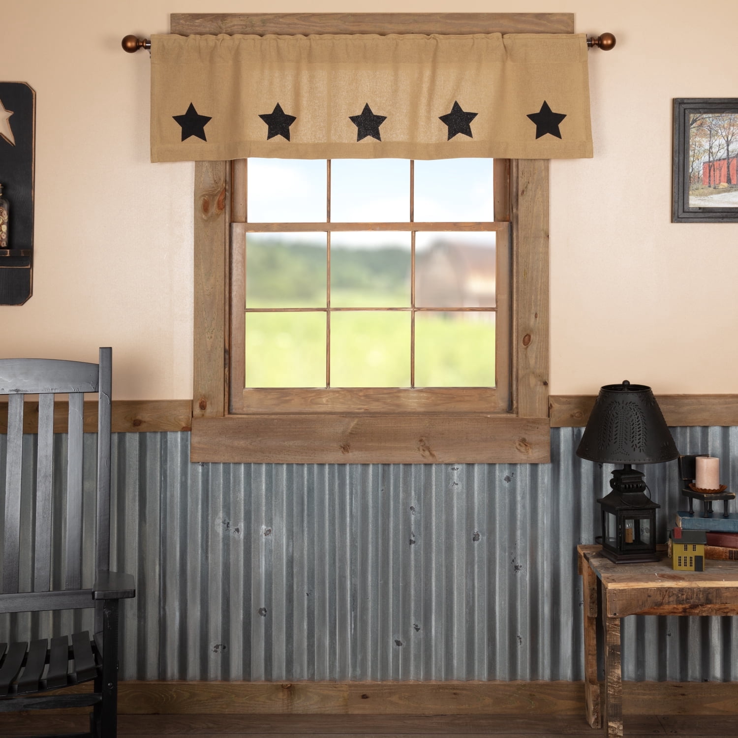 VHC Brands Burlap Natural with Black Stars Primitive 16"x60" Valance Tan Rod Pocket Stenciled Cotton Kitchen Window Curtains
