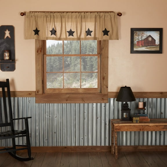VHC Brands Burlap Natural with Black Stars Primitive 16"x72" Valance Tan Rod Pocket Stenciled Cotton Kitchen Window Curtains