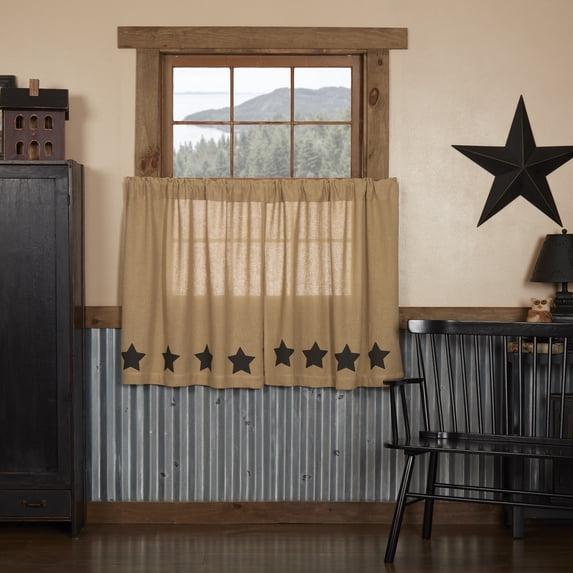 VHC Brands Burlap Natural with Black Stars Primitive 36"x36" Tier Pair Tan Rod Pocket Stenciled Cotton Kitchen Window Curtains