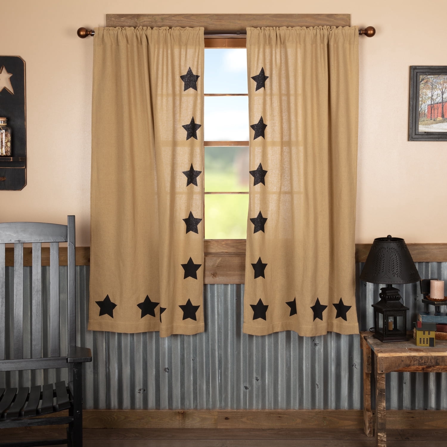 VHC Brands Burlap Natural with Black Stars Primitive 63"x36" Panel Pair Tan Rod Pocket Stenciled Cotton Tie Back(s) Window Curtains