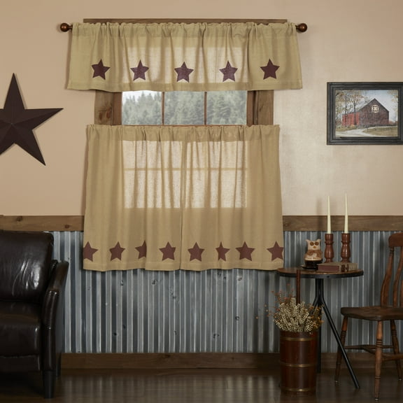 VHC Brands Burlap Natural with Burgundy Stars 3 PC Curtain Set (1 Valance 16x72 and 2 Tier 36x36)