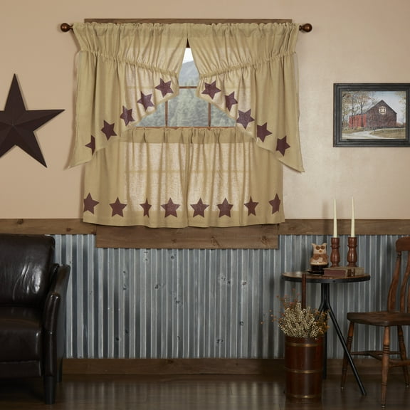 VHC Brands Burlap Natural with Burgundy Stars 4 PC Curtain Set (2 Prairie Swag 36x18 and 2 Tier 24x36)
