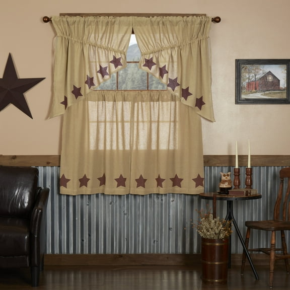 VHC Brands Burlap Natural with Burgundy Stars 4 PC Curtain Set (2 Prairie Swag 36x18 and 2 Tier 36x36)