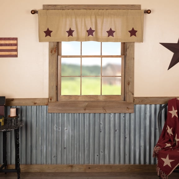 VHC Brands Burlap Natural with Burgundy Stars Primitive 16"x60" Valance Tan Rod Pocket Stenciled Cotton Kitchen Window Curtains