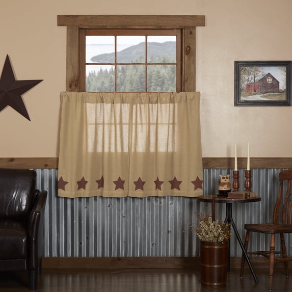 VHC Brands Burlap Natural with Burgundy Stars Primitive 36"x36" Tier Pair Tan Rod Pocket Stenciled Cotton Kitchen Window Curtains