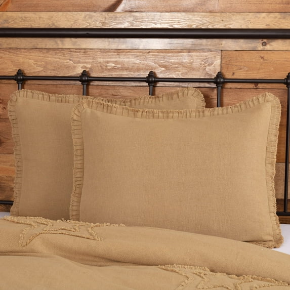 VHC Brands Burlap Pillow Sham Cover with Fringed Ruffle Cotton Farmhouse Decor Button