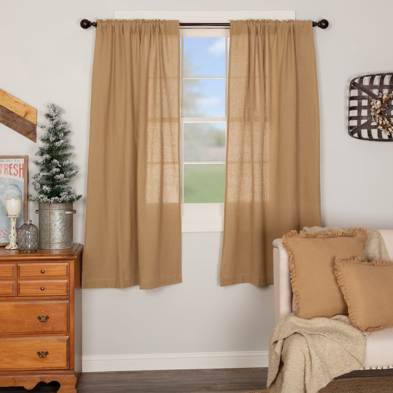 Natural Tan Burlap Cotton Light-Filtering Rod Pocket Curtains