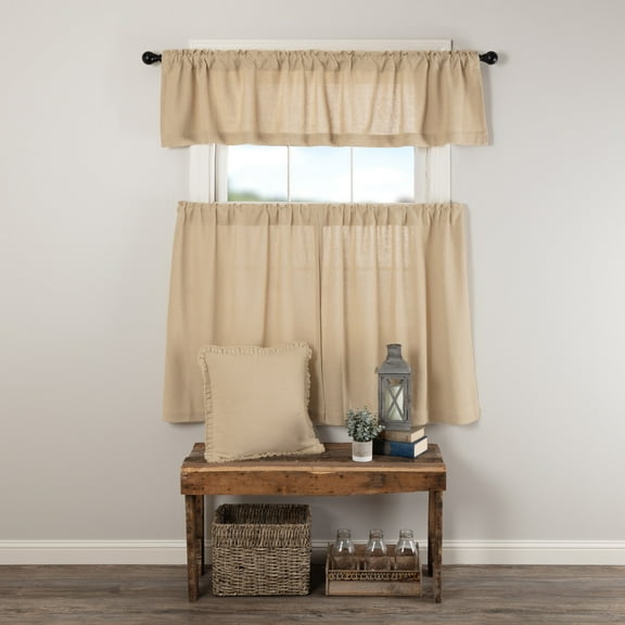 VHC Brands Burlap Vintage 3 PC Tan Curtain Set (1 Valance 16x72 and 2 Tier 36x36)
