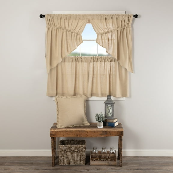 VHC Brands Burlap Vintage 4 PC Tan Curtain Set (2 Prairie Swag 36x18 and 2 Tier 24x36)
