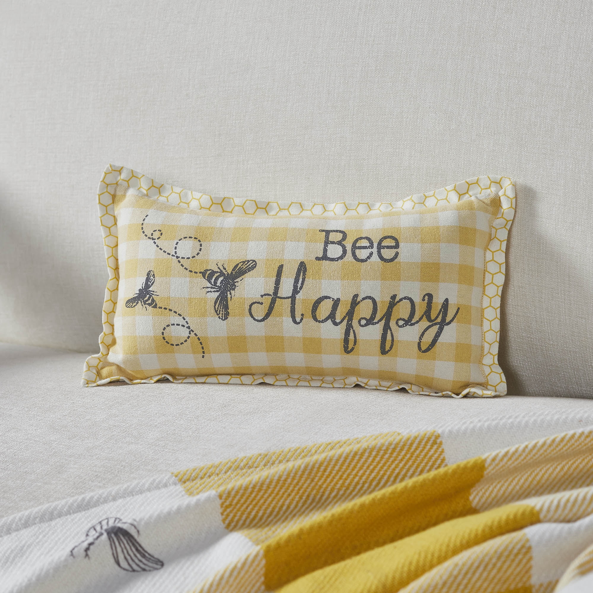 Bee Happy Yellow Plaid Cotton Rectangular Throw Pillow