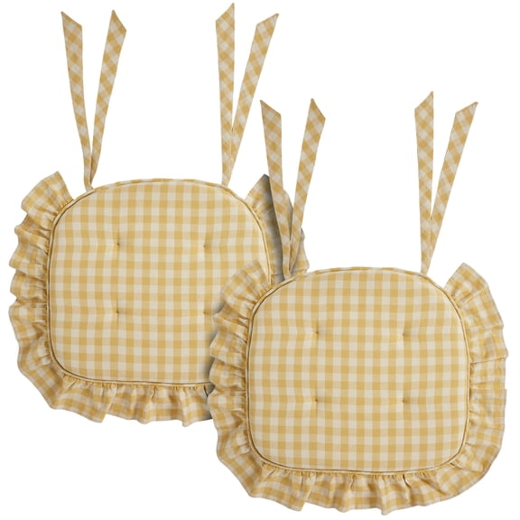 VHC Brands Buzzy Bees Primitive 16.5"x18" Chair Pad Yellow Tucked Cotton Check Tie Back(s) Rectangle Kitchen Table Decor, Set of 2