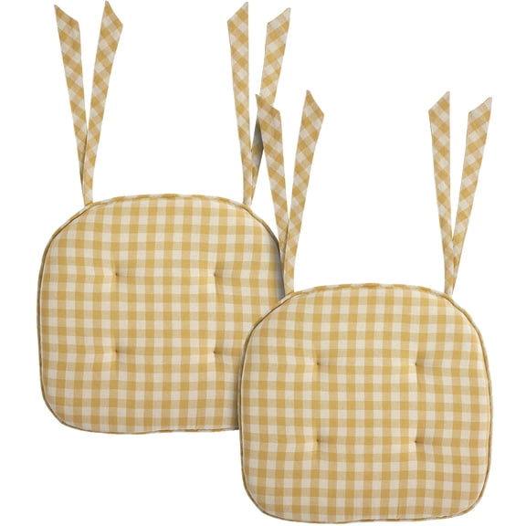 VHC Brands Buzzy Bees Primitive 16.5"x18" Chair Pad Yellow Tucked Cotton Check Tie Back(s) Rectangle Kitchen Table Decor, Set of 2