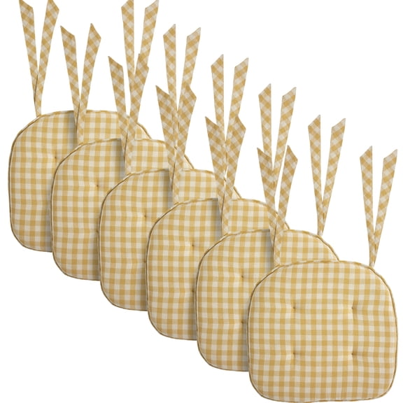VHC Brands Buzzy Bees Primitive 16.5"x18" Chair Pad Yellow Tucked Cotton Check Tie Back(s) Rectangle Kitchen Table Decor, Set of 6