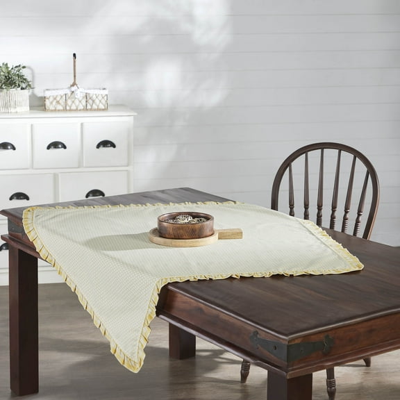 VHC Brands Buzzy Bees Ruffled Table Topper 40x40, Kitchen and Dining Room Decor, Tabletop Accessory, Cotton, Buzzy Bees Collection, Square 40x40, Vintage Yellow
