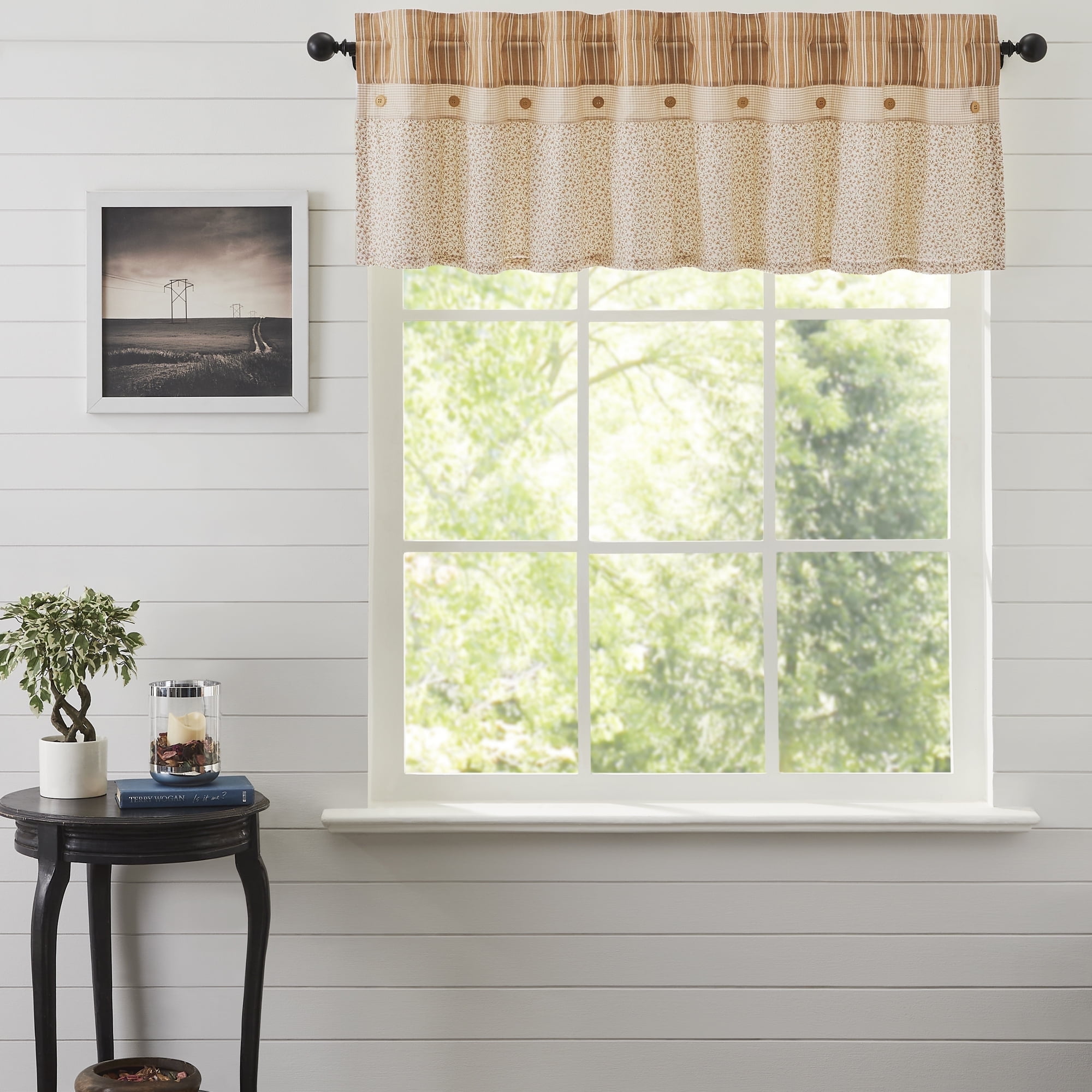 Gold and Creme Cotton Ruffled Valance with Wood Button Detail