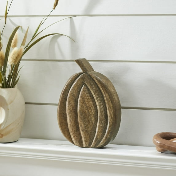 VHC Brands Carved Wooden Pumpkin Walnut Brown, Fall and Halloween Home Decor for Tables and Shelves, Indoor Decorations for Tabletop Dark Tan, 6x8