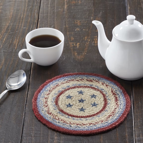 VHC Brands Celebration Table Mat- Pot Holder- Woven Jute Trivet, Americana, 8" Round