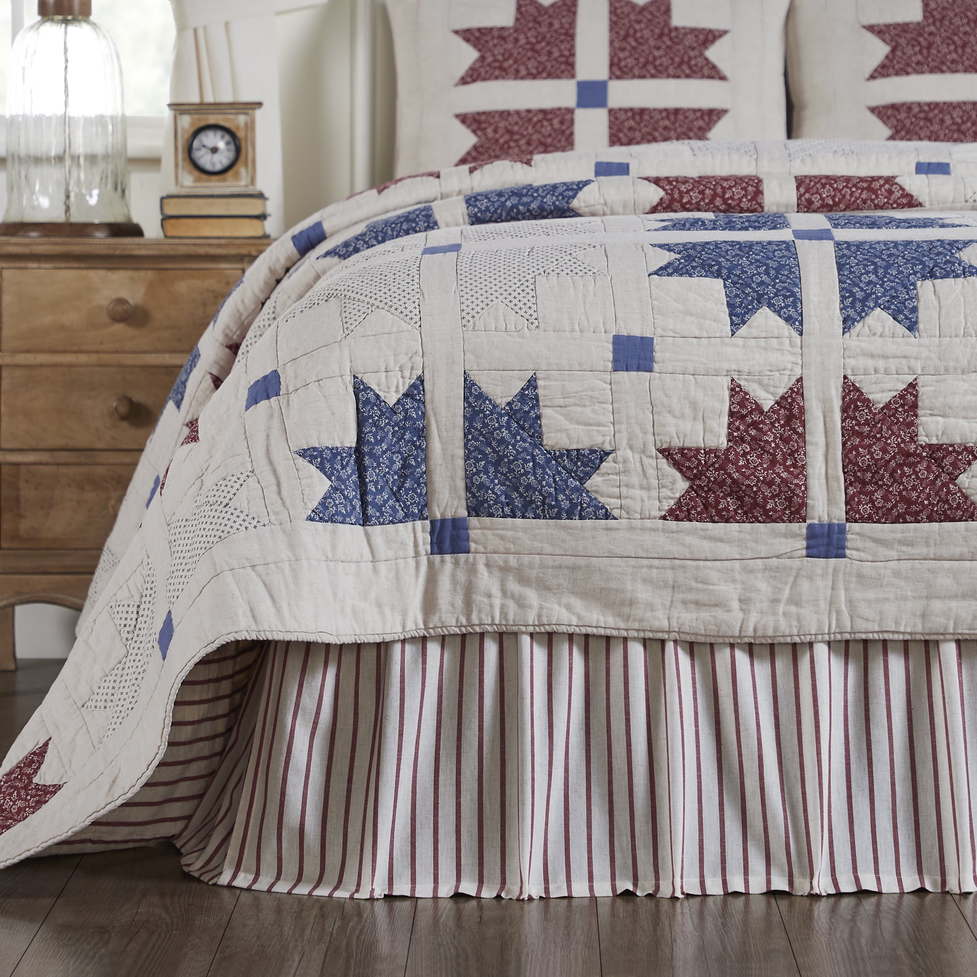 VHC Brands Celebration Farmhouse Bed Skirt Dust Ruffle, Striped, King, Red Creme, 78x80x16