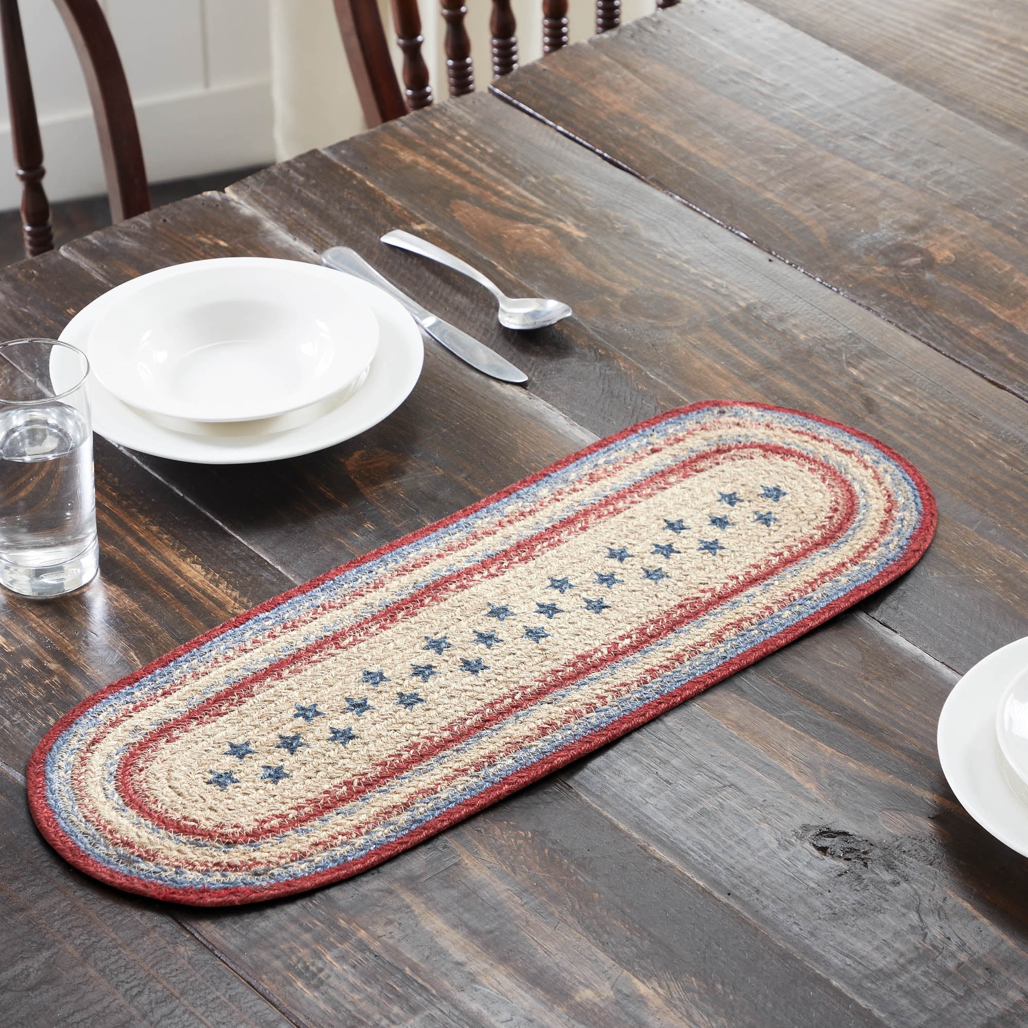 Patriotic Red, White, and Blue Cotton Oval Table Runner, 8" x 24"
