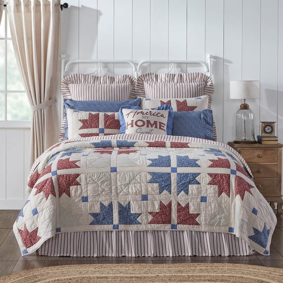 VHC Brands Celebration Farmhouse Quilt Reversible Patchwork, Luxury King, Red Blue Creme, 120x105