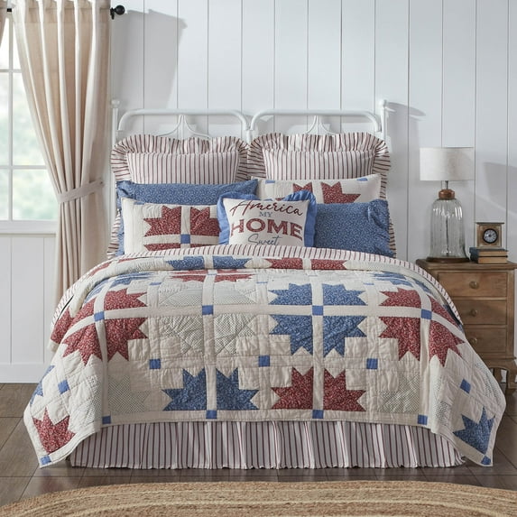 VHC Brands Celebration Farmhouse Quilt Reversible Patchwork, Queen, Red Blue Creme, 90x90