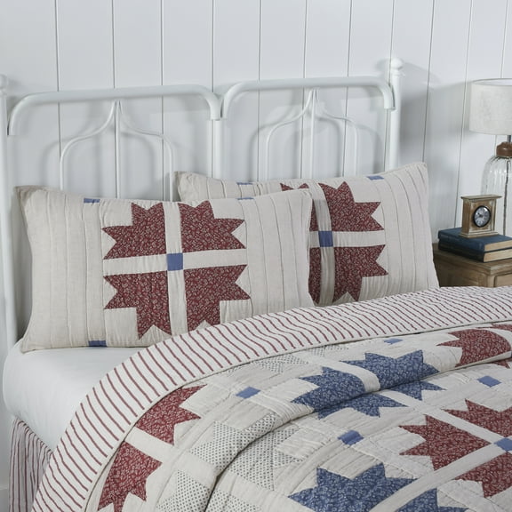 VHC Brands Celebration Farmhouse Quilted Bed Sham, King, Patchwork, Red Blue Creme, 21x37