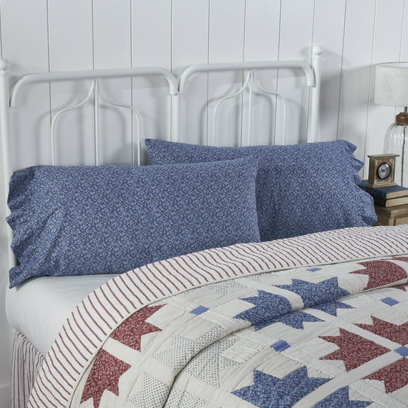 VHC Brands Celebration Farmhouse Ruffled Pillow Cases, King Size, Floral, Blue, 21x36, Set of 2