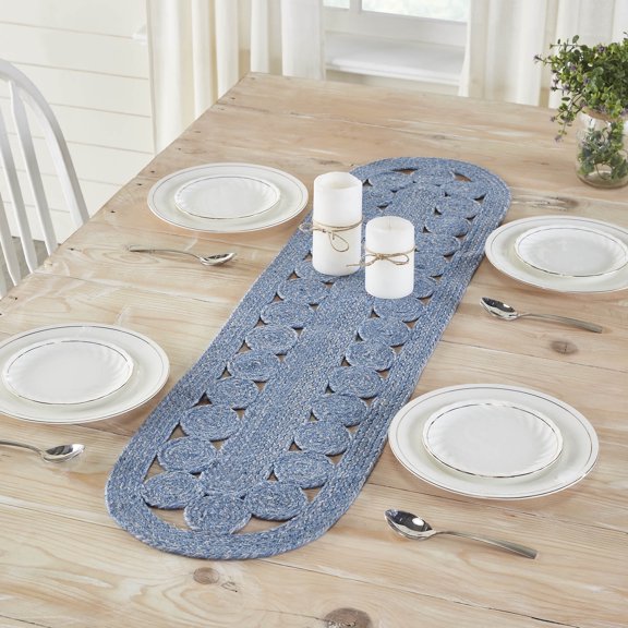 VHC Brands Celeste Farmhouse 12"x48" Table Runner Blue Recycled Plastic (PET) Geometric Water-Resistant Oval Kitchen Table Decor
