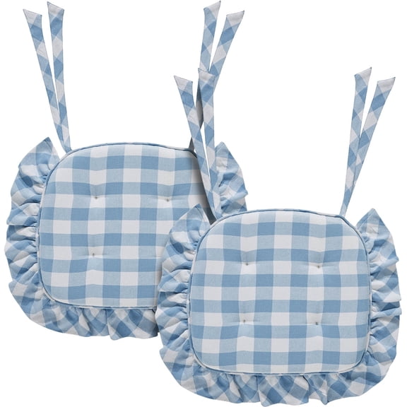 VHC Brands Chair Pad 16.5x18, Cotton Dining Room, Kitchen Chair Pads, Seat Cushion with Ties, Tucked, Annie Buffalo Check Collection, Rectangle 16.5x18, Dusk Blue, Set of 2