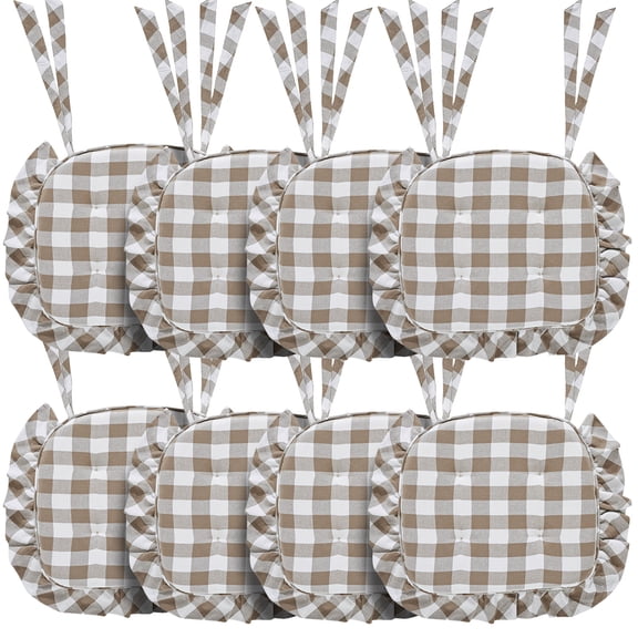 VHC Brands Chair Pad 16.5x18, Cotton Dining Room, Kitchen Chair Pads, Seat Cushion with Ties, Tucked, Annie Buffalo Check Collection, Rectangle 16.5x18, Portabella, Set of 8