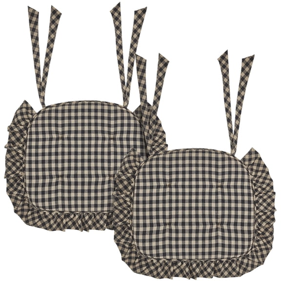 VHC Brands Chair Pad 16.5x18, Cotton Dining Room, Kitchen Chair Pads, Seat Cushion with Ties, Tucked, Black Check Collection, Rectangle 16.5x18, Country Black, Set of 2