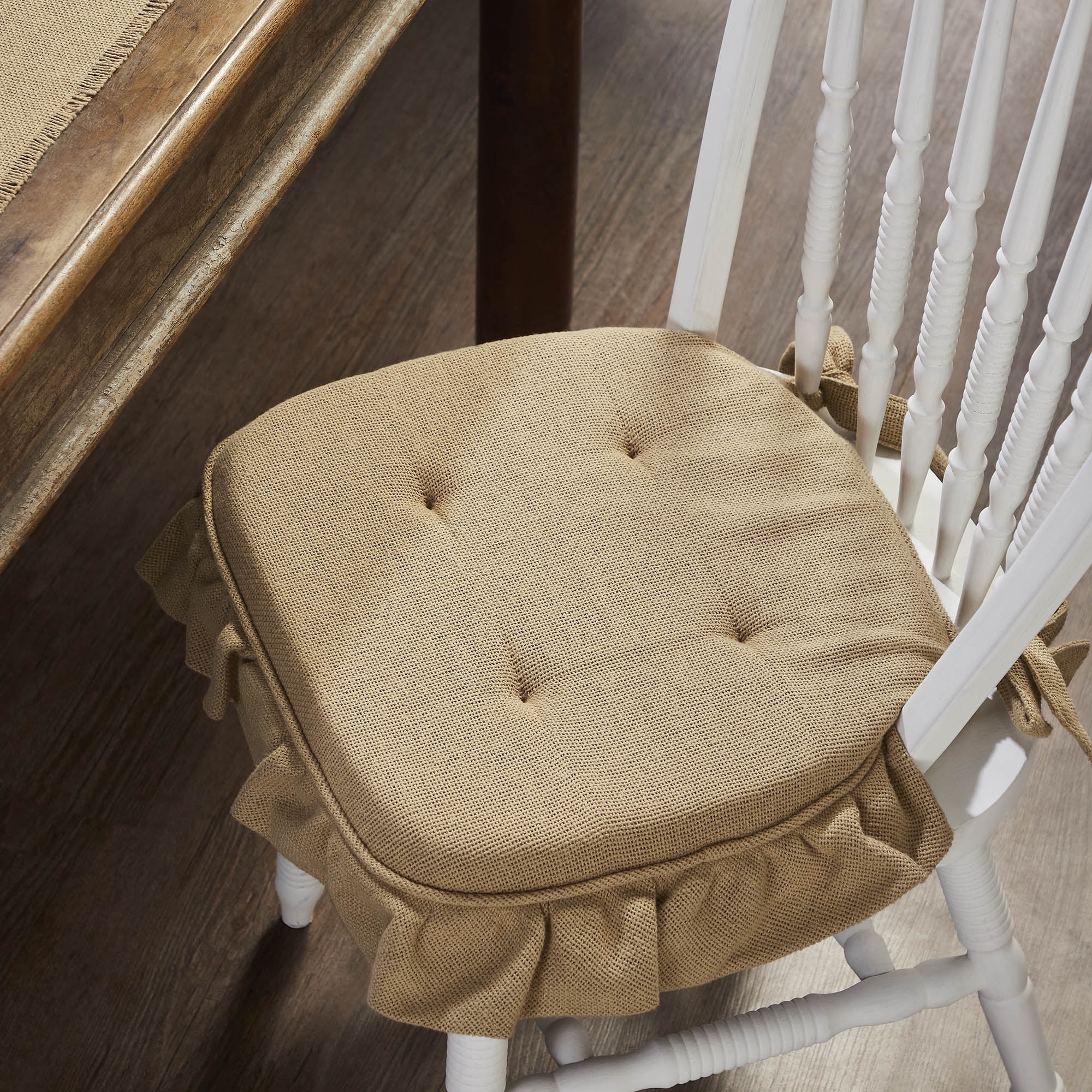 Natural Burlap Cotton Chair Pad with Ruffles and Ties