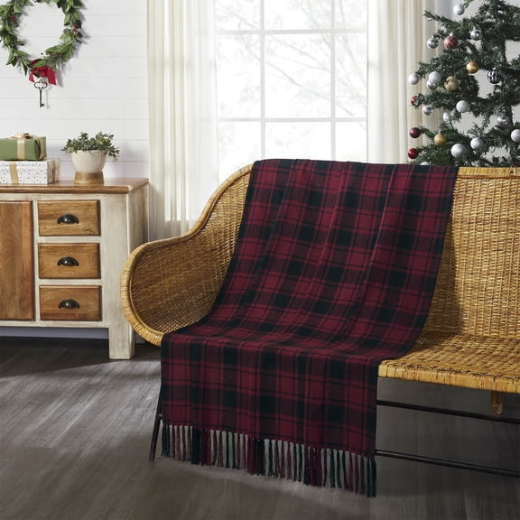 VHC Brands Christmas Decorations for Living Room Couch Sofa Bedding Cumberland Red Black Plaid Woven Throw 50x60