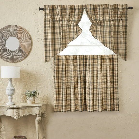 VHC Brands Cider Mill 4 PC Khaki Plaid Curtain Set (2 Prairie Swag 36x18 and 2 Tier 36x36)