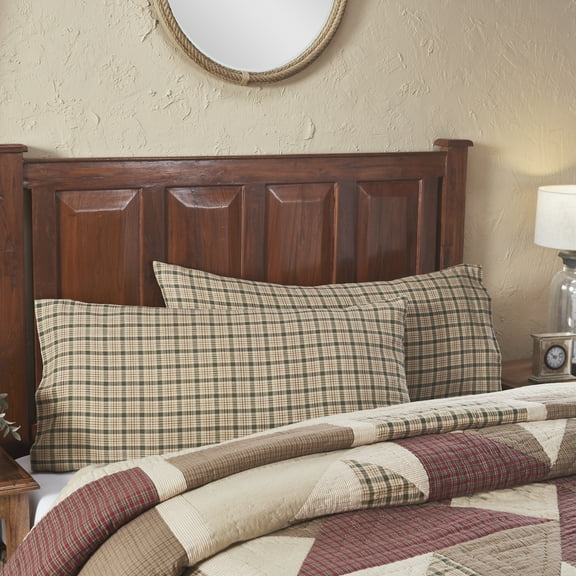 VHC Brands Cider Mill King-Size Plaid Pillow Case, Tan, 21x40, Set of 2