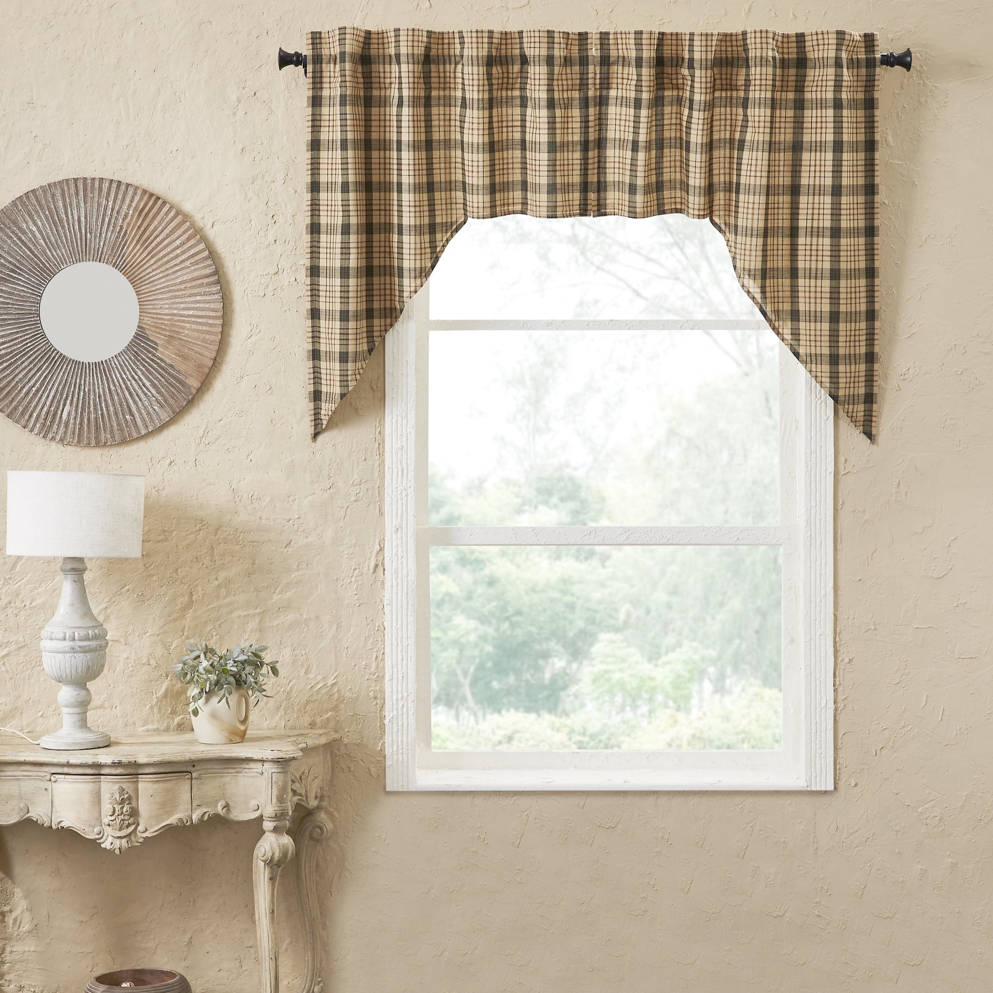 Classic Khaki Tan and Forest Green Cotton Plaid Window Valance