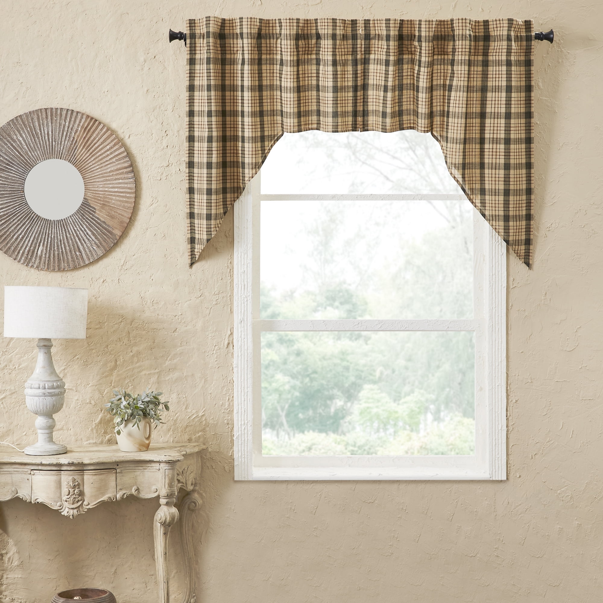 Classic Khaki Tan and Forest Green Cotton Plaid Window Valance