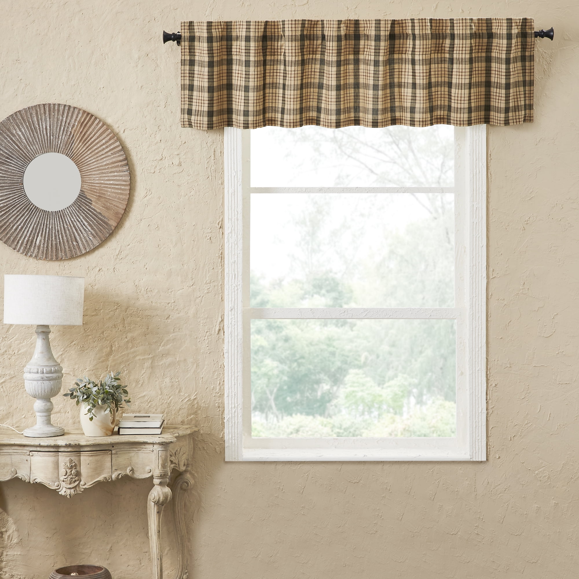 Khaki Tan and Forest Green Plaid Cotton Window Valance, 72" Width